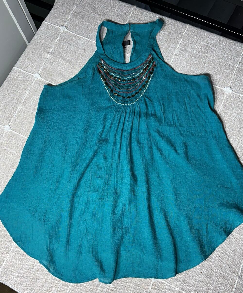 IZ Byer Women's XL Teal Solid Halter Sleeveless Beaded Sequin Boho Tank Top